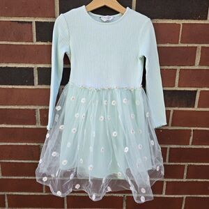 Primark Girls Lined Tutu Dress Long Sleeve Light Green Embroidered Daisy Sz 5-6